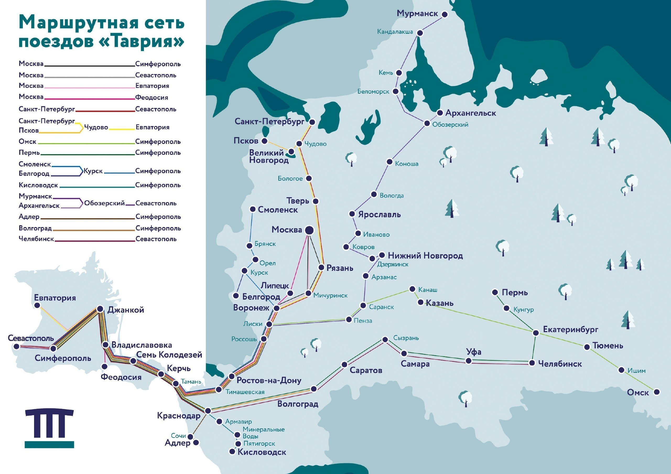 Схема направлений поездов в Крым 