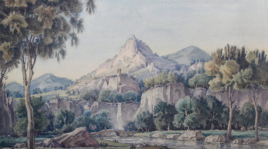Картина Константина Богаевского «Пейзаж с водопадом и мостом»