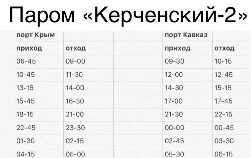  Расписание движения парома Керченский-2