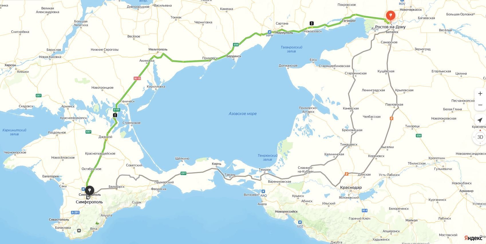 Схема проезда по сухопутному пути в Крым в Яндекс.Навигаторе
