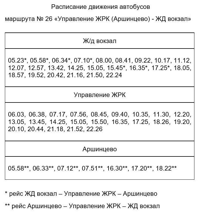 Расписание движения автобуса № 26 Расписание движения автобуса № 26