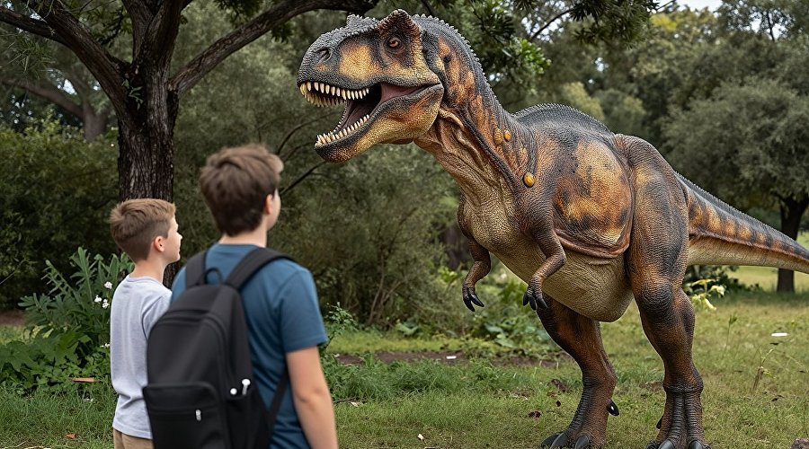 Подростки с динозавром