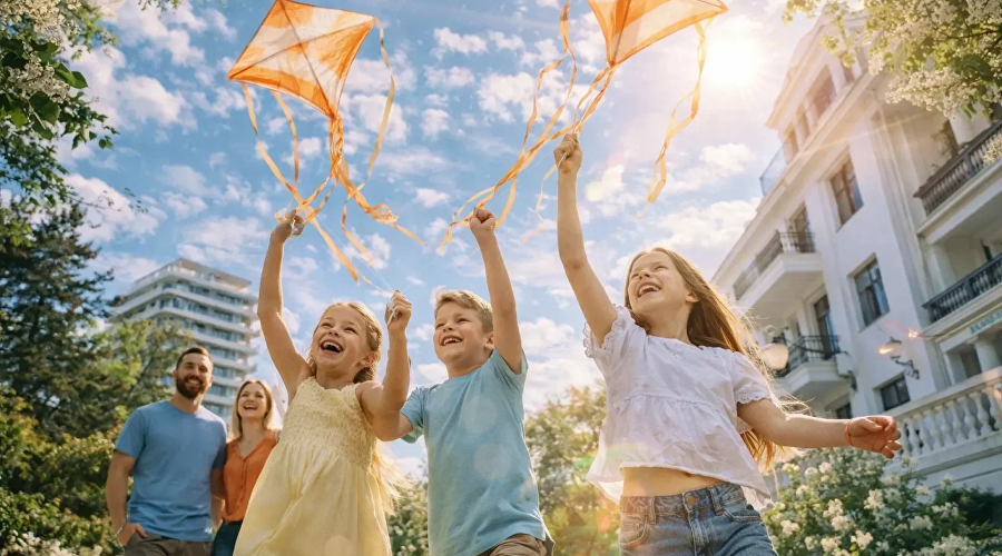 Дети запускают воздушных змеев Дети запускают воздушных змеев